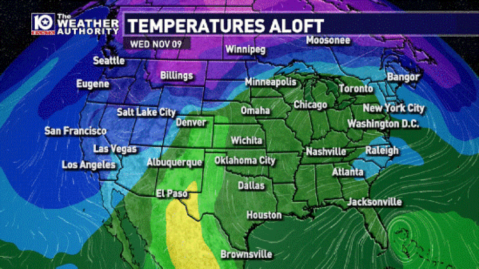 Temperatures aloft for the next ten days shows cold air arriving in Central Texas Friday, but...