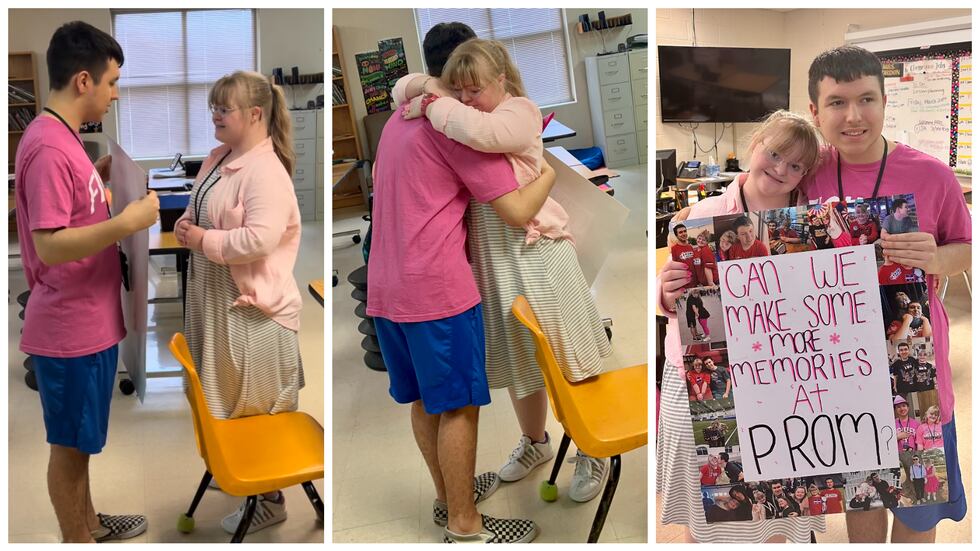 Philip Auchard, 19, surprised Madi Potts, 17, during class with a sign outlined in photographs...
