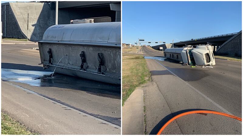 Fuel spilled on the road after an 18-wheeler rolled onto its side at about 8 a.m. Sunday at...