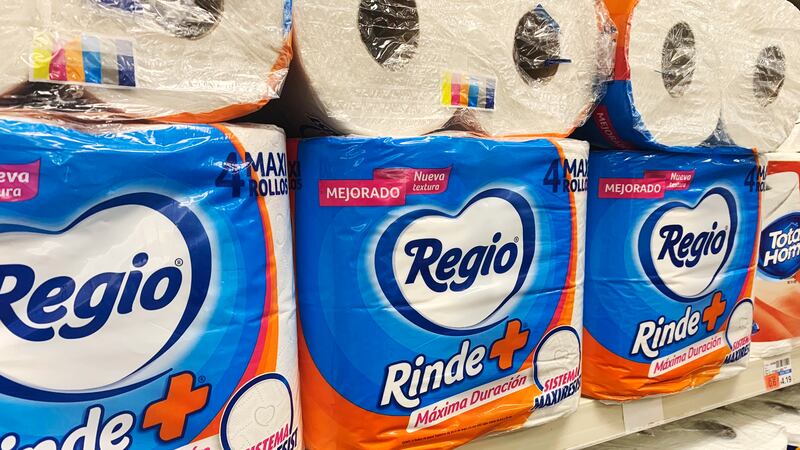 This Sept. 4, 2020 photo shows Regio, a Mexican toilet paper brand, on the shelf at a CVS in...