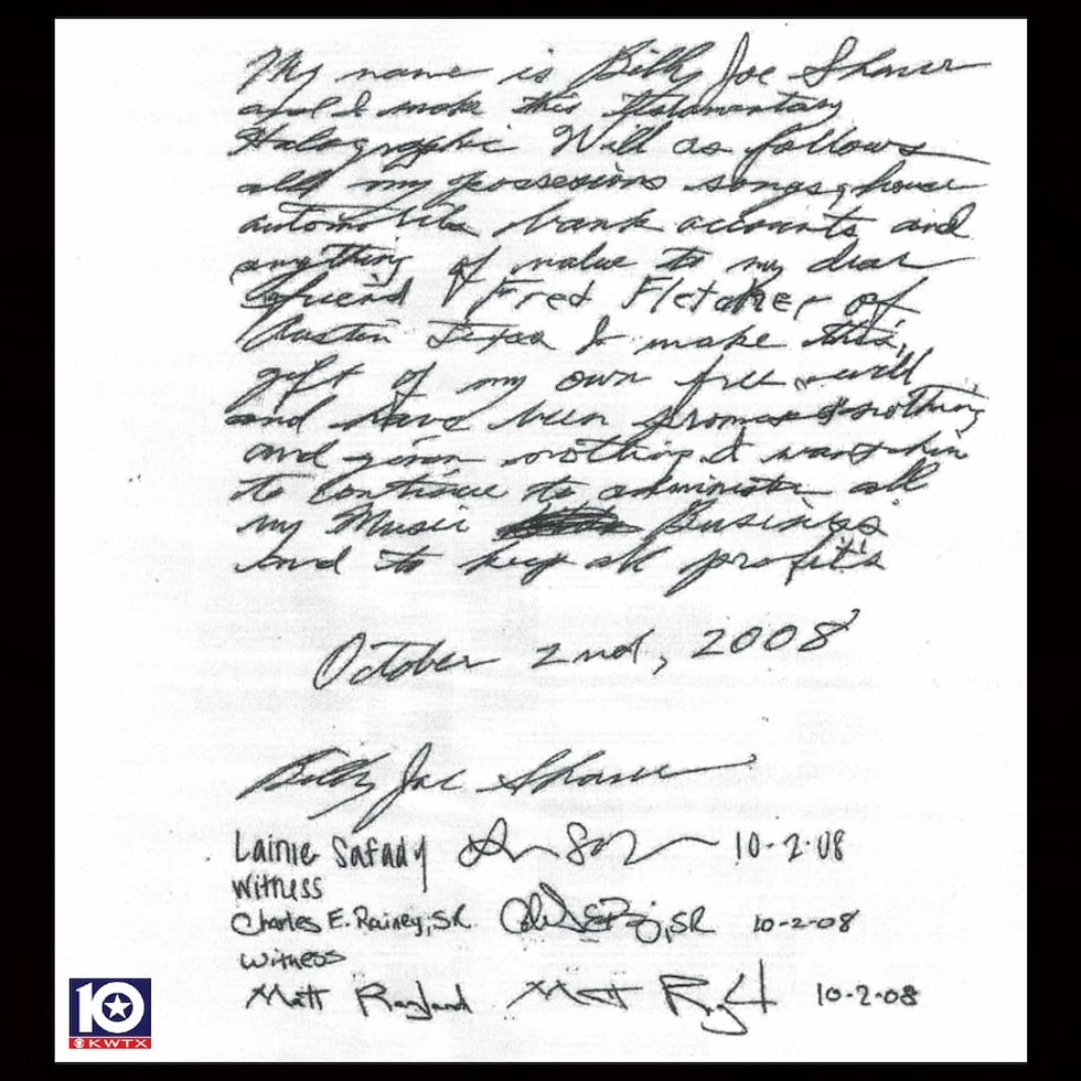 A handwritten will reportedly written by Billy Joe Shaver