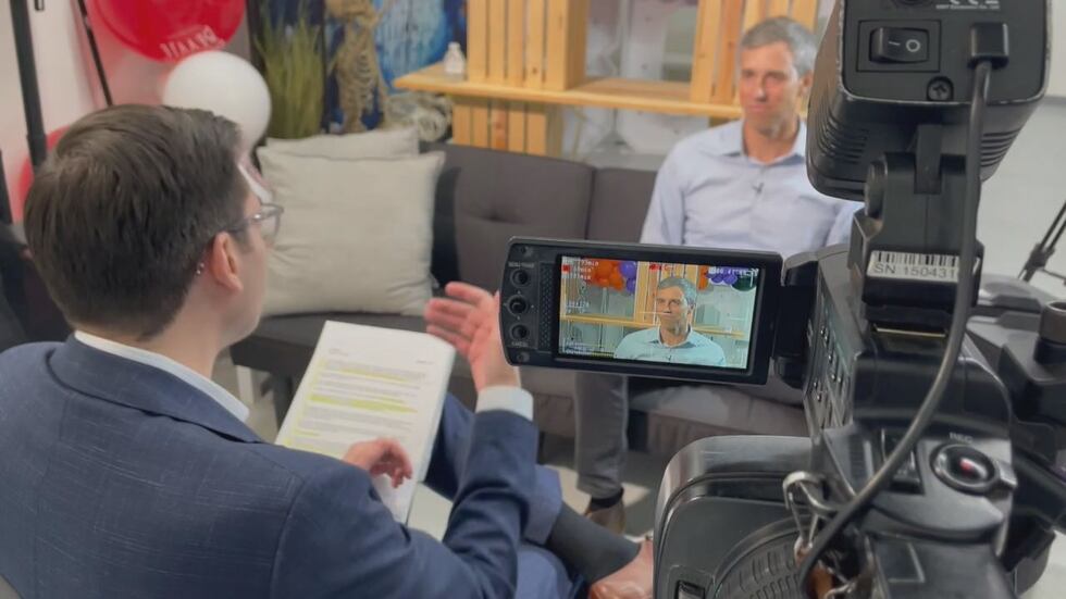 KLTV 7's Blake Holland talks with Beto O'Rourke on Oct. 19 in Longview, Texas.