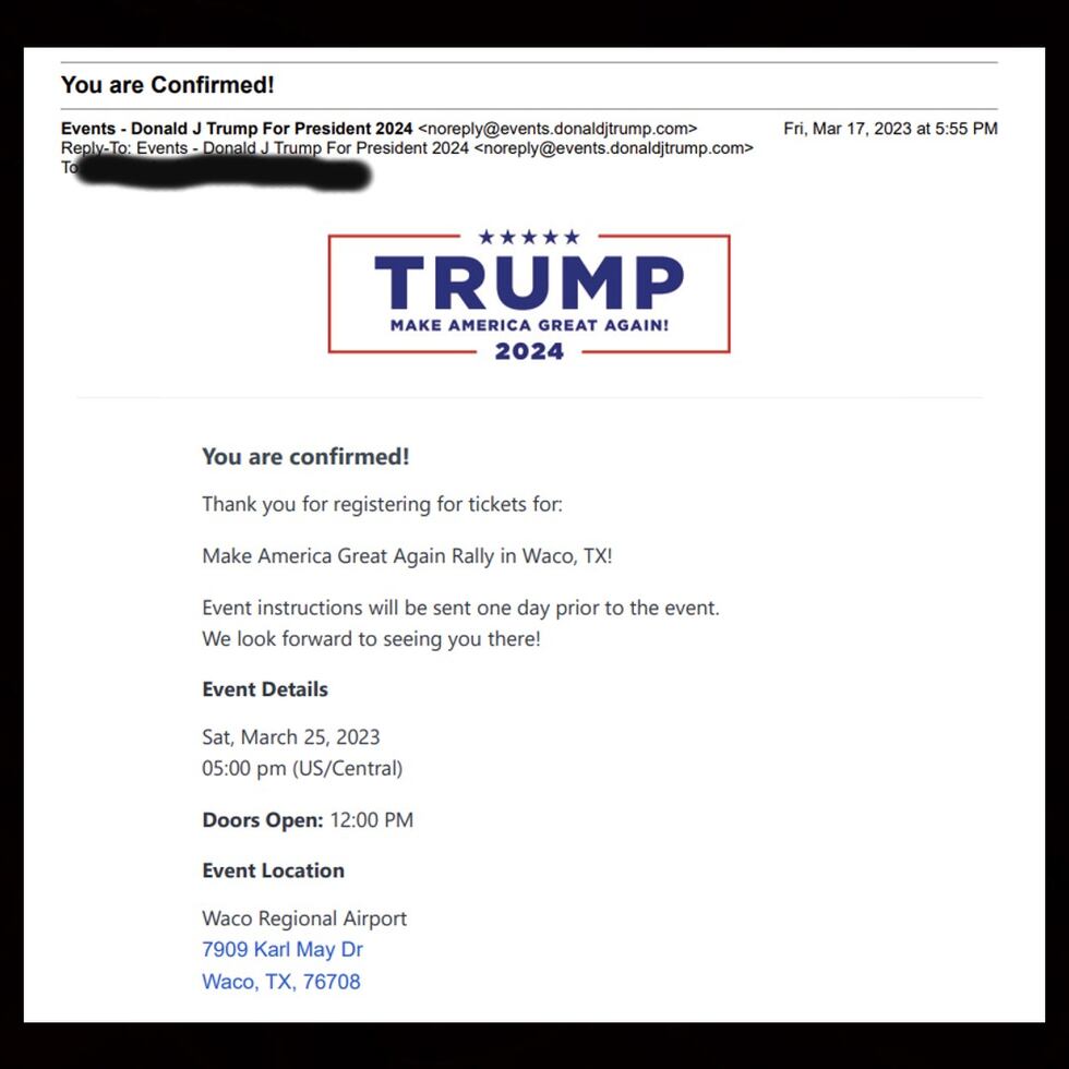A confirmation email received by a local Waco resident who plans to attend the rally.