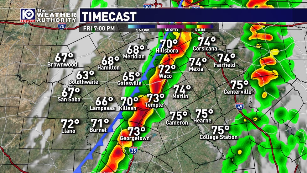 Timecast shows scattered strong storms bubbling up during the afternoon hours ahead of an...