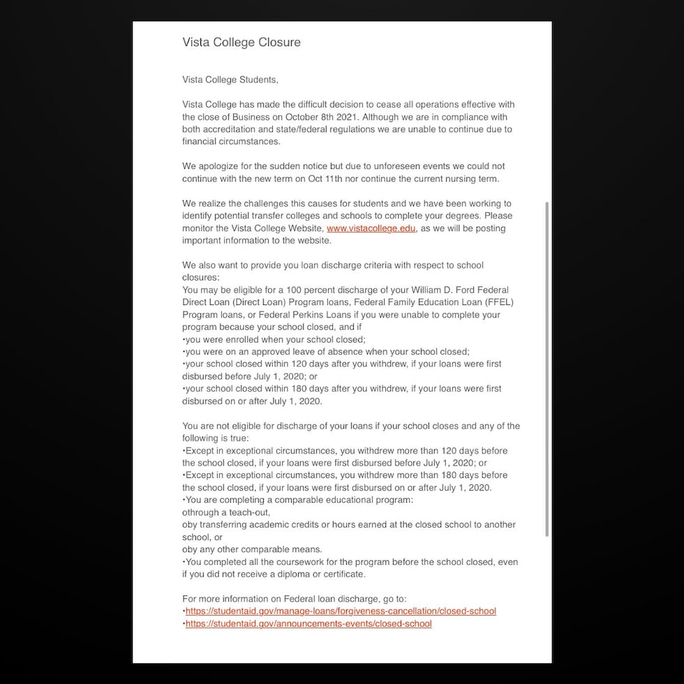 The letter Vista College sent to students.