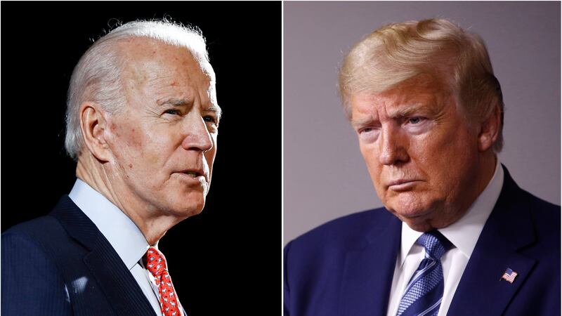 In this combination of file photos, former Vice President Joe Biden speaks in Wilmington,...