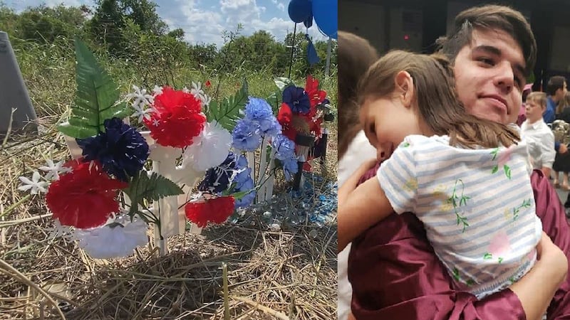 A makeshift memorial (left) marks the scene of a two-vehicle crash that claimed the life of...
