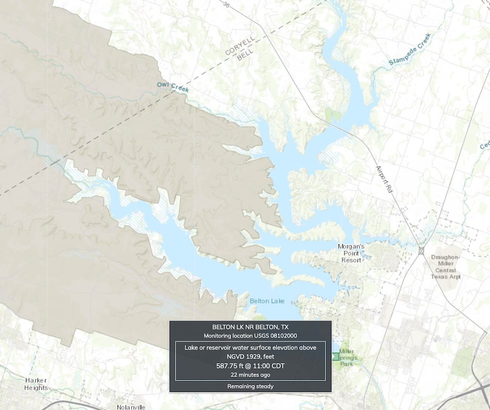 USGS National Water Dashboard showing surface water levels & data for Central Texas lakes