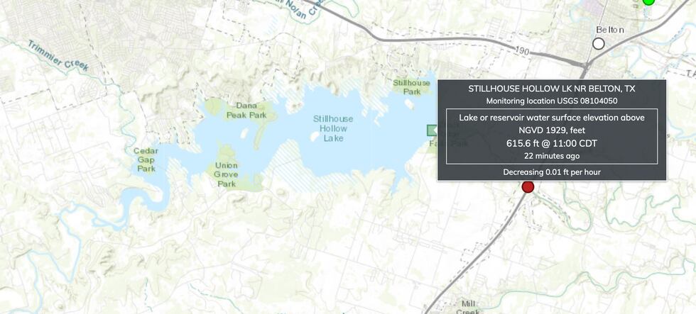 USGS National Water Dashboard showing surface water levels & data for Central Texas lakes