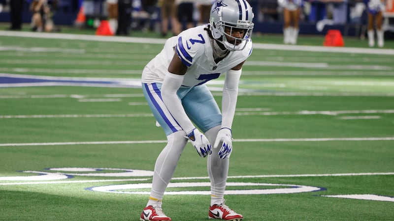 Dallas Cowboys cornerback Trevon Diggs (7) defends during an NFL Football game in Arlington on...