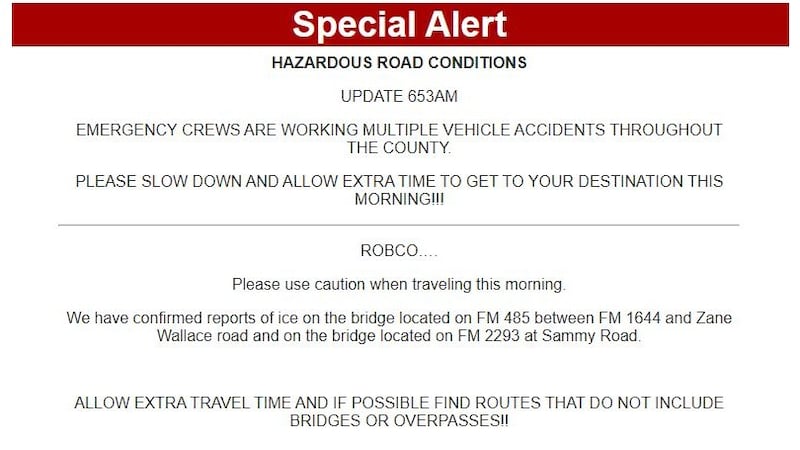 Tuesday morning the Robertson County Sheriff's Office sent an alert about hazardous road...