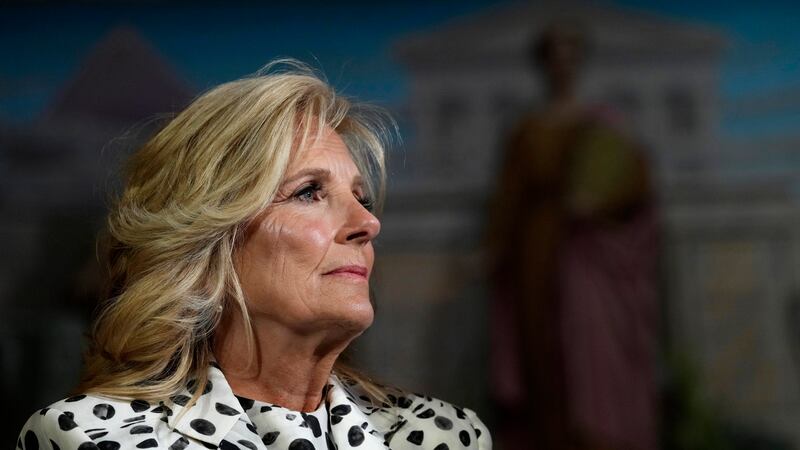 FILE - First lady Jill Biden waits to speak at the Library of Congress in Washington,...