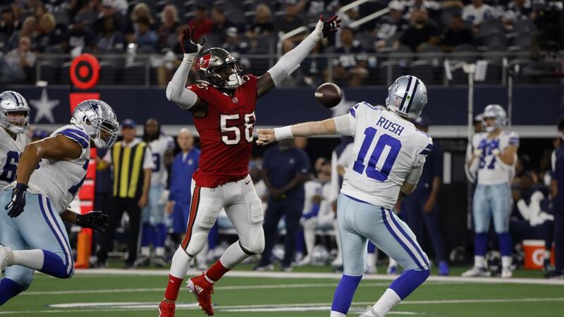 Tampa Bay Buccaneers linebacker Shaquil Barrett (58) pressures Dallas Cowboys quarterback...