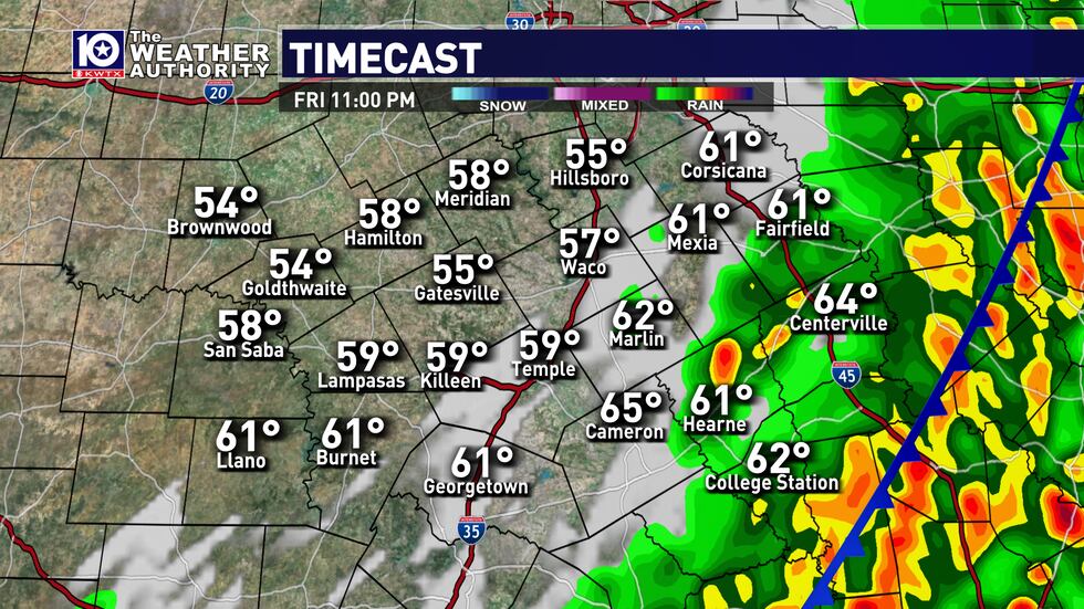 Timecast shows scattered strong storms bubbling up during the afternoon hours ahead of an...