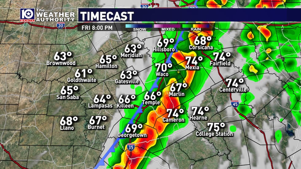 Timecast shows scattered strong storms bubbling up during the afternoon hours ahead of an...
