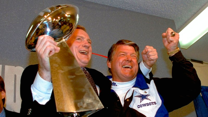 FILE - In this Jan. 31, 1993, file photo, Dallas Cowboys head coach Jimmy Johnson, right, and...