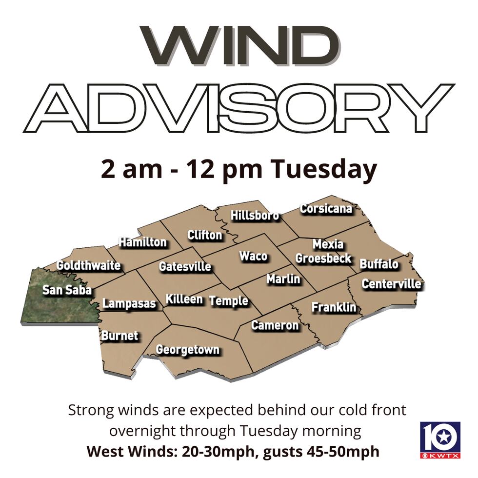 Strong winds are expected behind our cold front overnight through Tuesday morning. West Winds:...